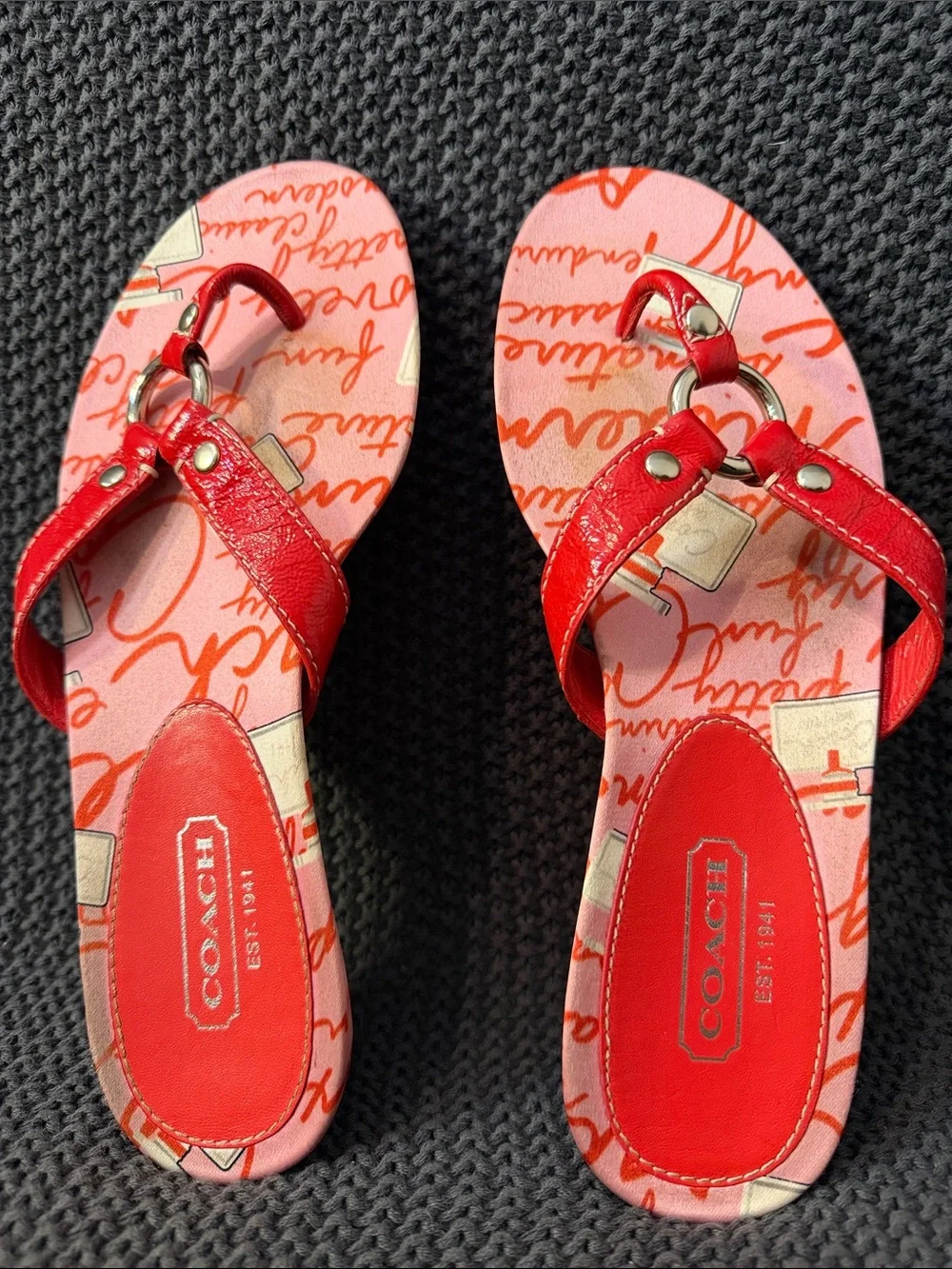 Coach Starla Red and Pink Script Print Leather Thong Sandals 7.5